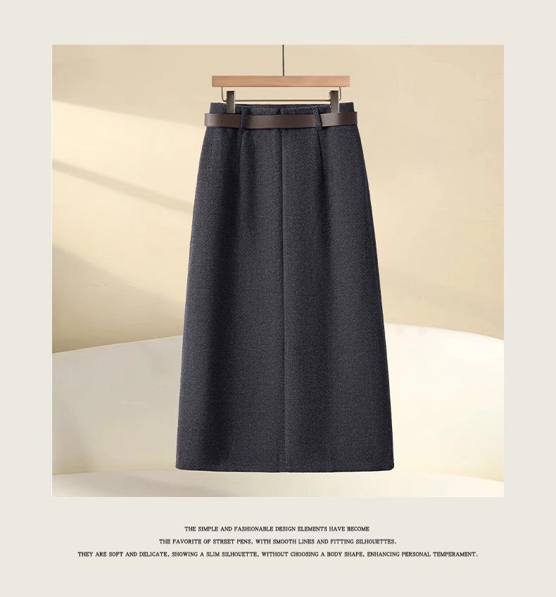 Gray Woolen A-Line Midi Skirt for Women - Autumn/Winter 2024 Stylish Hip Wrap Skirt