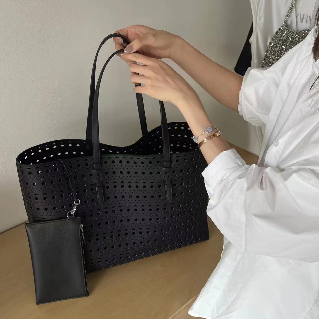 

Сумка-тоут с лазерной выемкой, новая модная сумка через плечо, художественная простота, большая вместительная сумка через плечо, полностью кожаная сумка-тоут 44x31x16cm чёрный