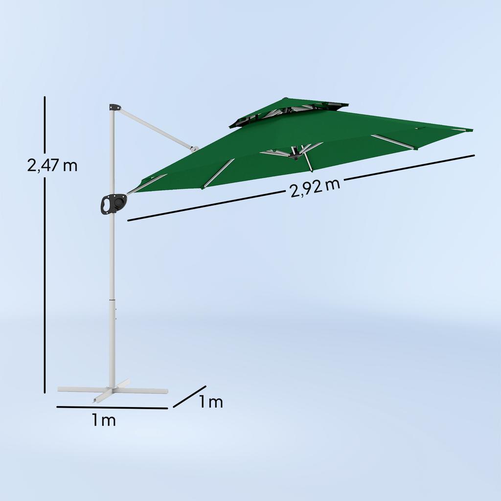Offset Parasol, Ø292 cm, Crank, 360° Rotation, Adjustable Tilt, Double Roof, Cross Base, Dark Green