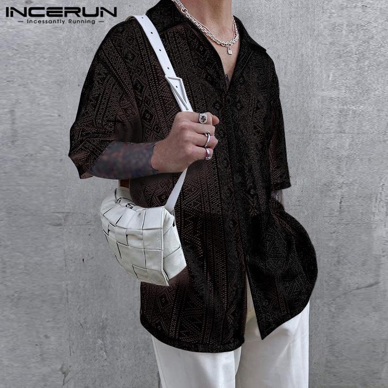 INCERUN Summer Men's Long Sleeve See Through Mesh Net Yarn Shirts Tops