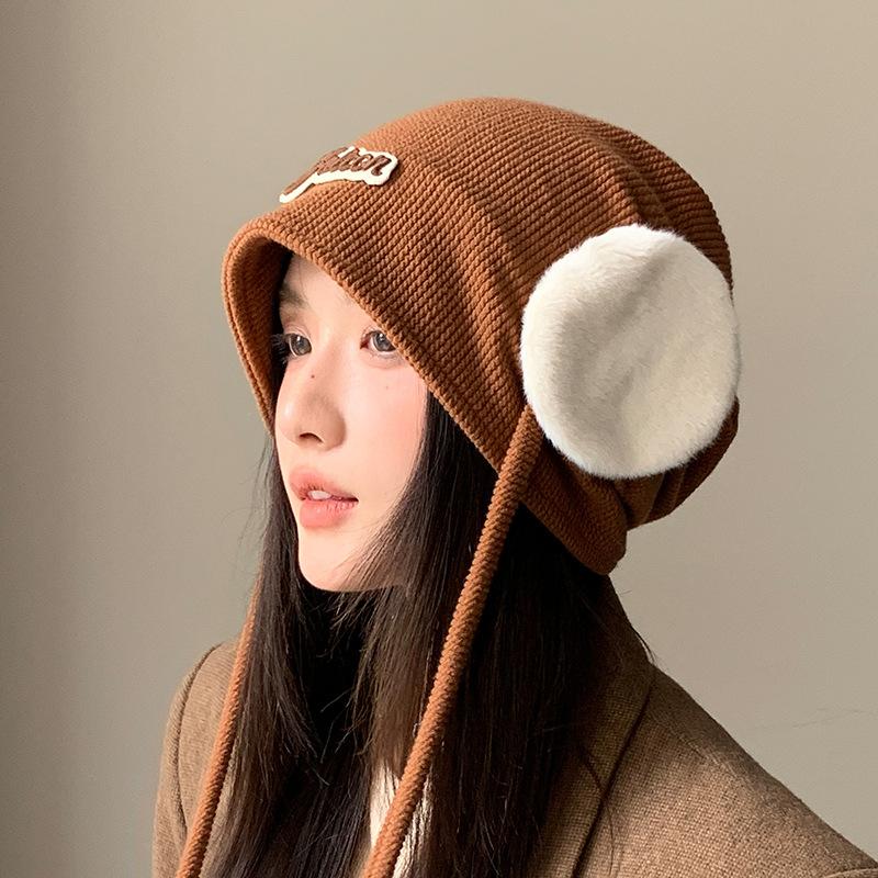 Warm Ear Protection Knitted Wool Hat with Big Head Circumference Showing Face Small Pile of Hats Versatile Head Hat