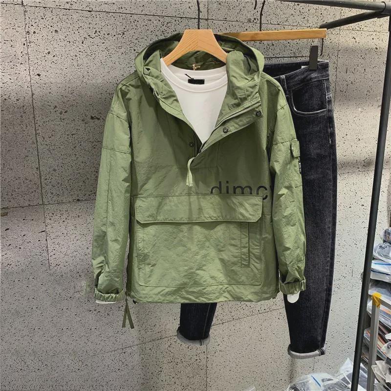 Japanese Style Casual Solid Color Hooded Jacket with Trendy Printed Lettering for Men