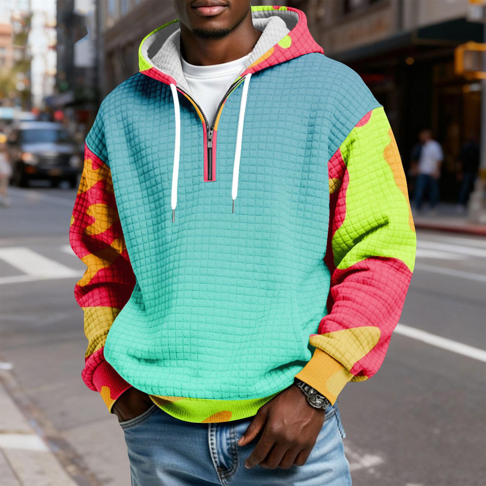 

Чоловічий картатий пуловер з капюшоном на блискавці, з принтом на шнурку, повсякденна спортивна толстовка XL ціан