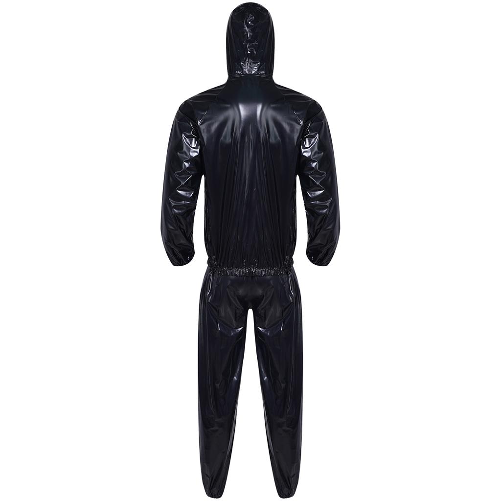 Unisex PVC Sauna oblek Dlouhý rukáv Zip S kapucí Stahovací šňůrka Bunda Vrchní díly Kalhoty Cvičení Trénink