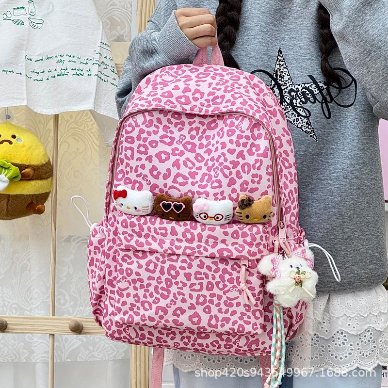 Schoolbag Leopard print canvas schoolbag Women's backpack High value niche American leisure travel backpack Large capacity Lightweight versatile