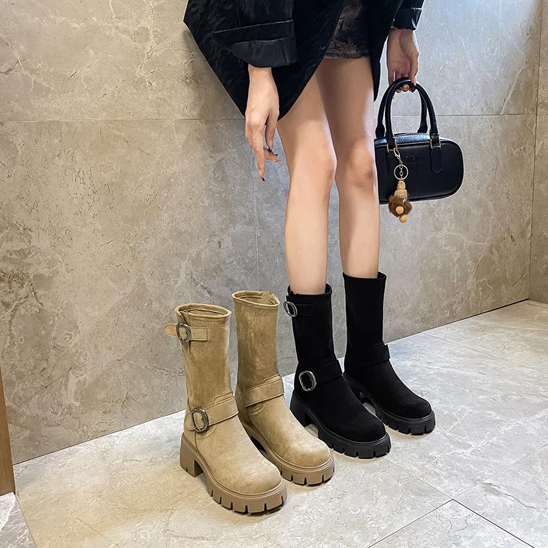Boots Boots Women's Autumn and Winter New Round Head Platform Boots Belt Buckle Knight Martin Boots Western Cowboy Boots