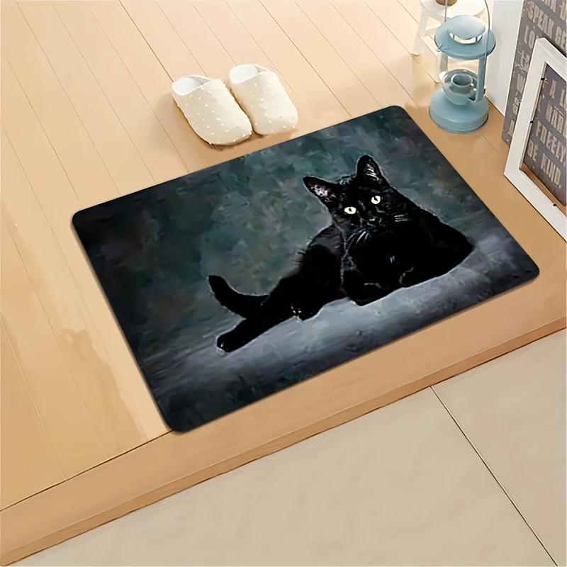Black Cat Door Mat – Elegant Black Feline on Dark Background, Mysterious Art-Inspired Entryway Mat for Kitchen, Living Room 40x60cm16x24in