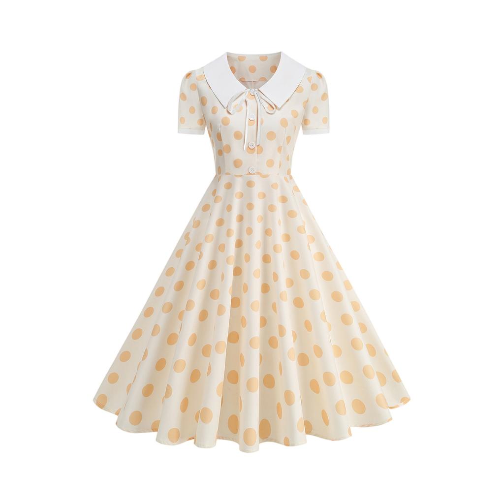 Damen Vintage V-Ausschnitt Knopfleiste Pünktchen Kleid mit ausgestelltem Saum Kurze Ärmel Retro Fit and Flare Kleid für den täglichen Gebrauch