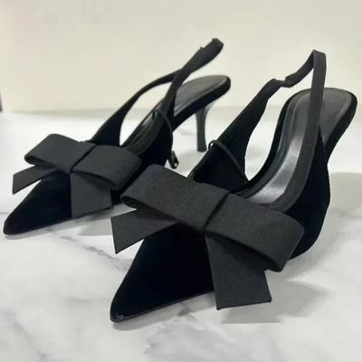Sexy Pointed Toe Black Velvet Heels for Women Summer Fashion Bowknot Back Strap Dress Sandals Luxury Banquet Evening Shoes Pumps
