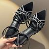 2025 summer new rhinestone black stiletto sexy satin open-toed pointed one-word strap cross-strap sandals women