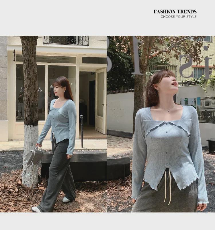 Women's Plus Size Square Collar Long-Sleeve Slimming T-Shirt for Spring
