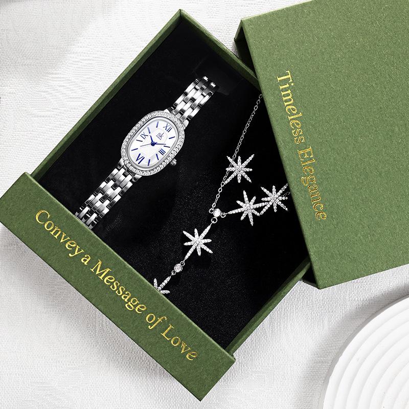 Women's Diamond Watch Set: Elegant Quartz Watch, Necklace & Earrings for Valentine's Day, Gift Box Included