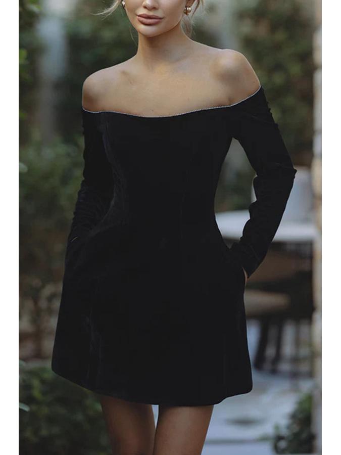 

2025 Women s Off-the-Shoulder Velvet Rhinestone Short Dress – European & American Style Large чёрный