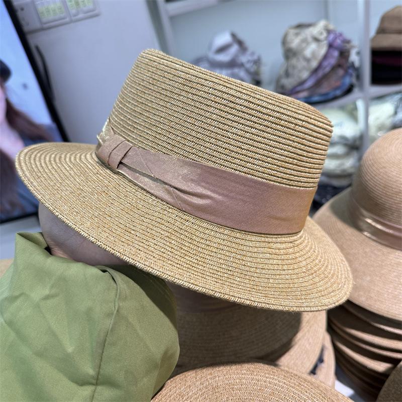 French flat top sunscreen straw hat women's summer seaside vacation sun hat Internet celebrity straw woven wide brim small fresh top hat
