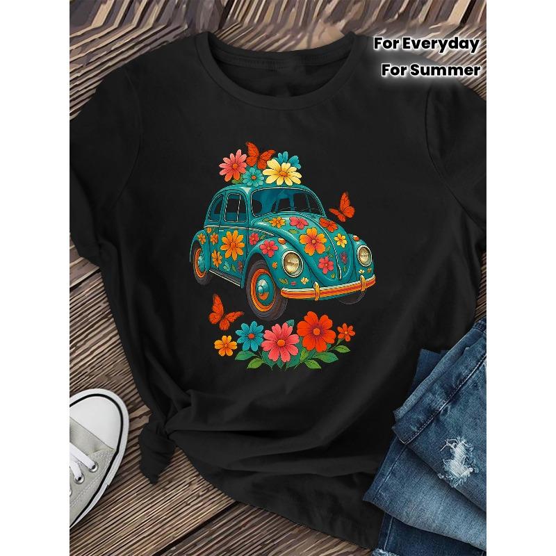 Womens Vintage Floral T Shirt Soft Stretchy Breathable Turquoise Floral Print Short Sleeve Round Neck Machine Washable Casual Party Top Retro Design