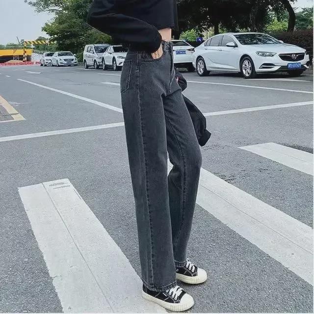 2023 Women's Black & Gray High-Waist Wide-Leg Jeans – Spring/Autumn Loose Straight Floor-Length Pants