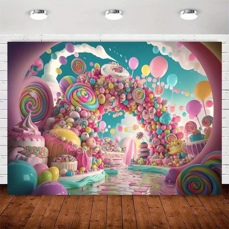 

2D Whimsical Sweet Party Backdrop with Candies & Balloons Photo Booth Background 47.2x31.5inch/120*80cm