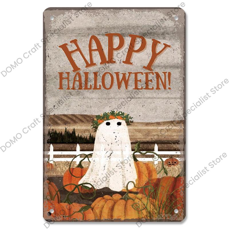 Happy Halloween Retro Poster Metal Plate Jack-O-Lantern Black Cat Witch Metal Tin Signs Vintage Halloween Party Living Room Home