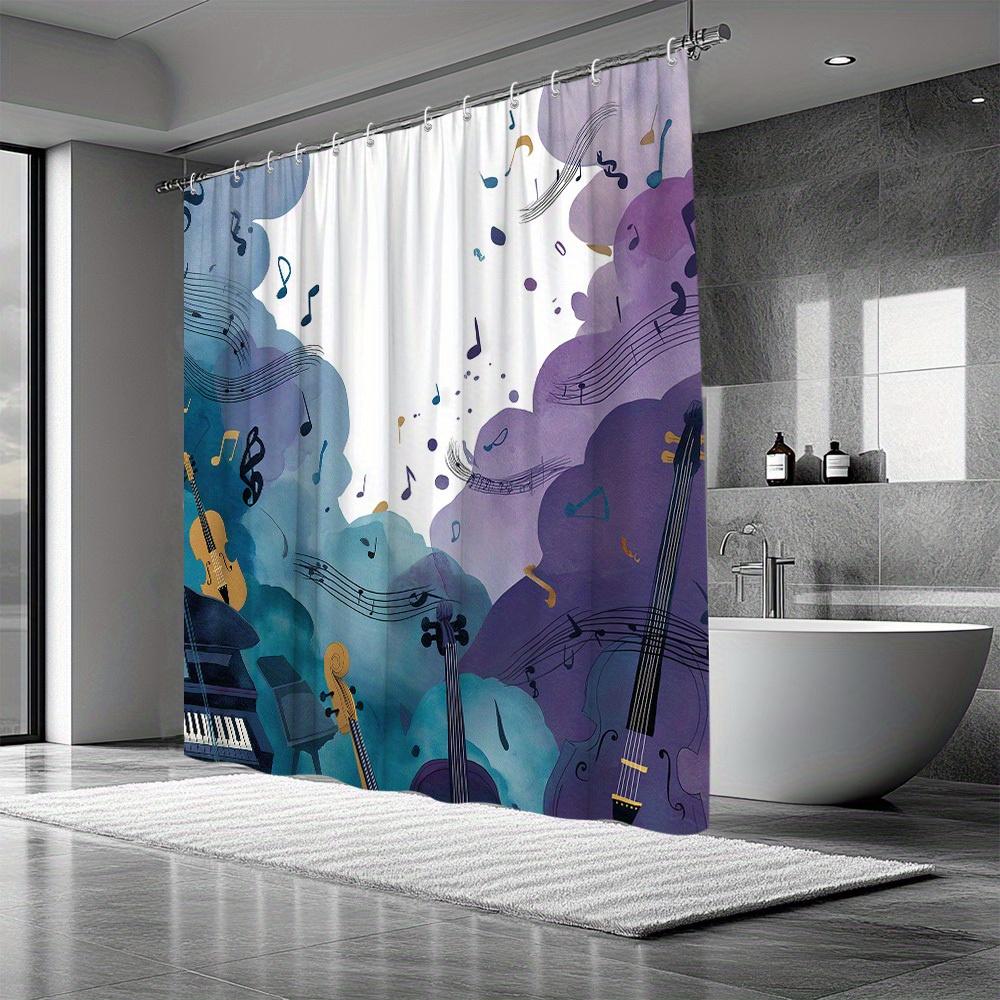 1Pc Music Theme Shower Curtain, Violin And Piano Illustration, Sheet Music And Notes Background, Watercolor Style, Bathroom Deco