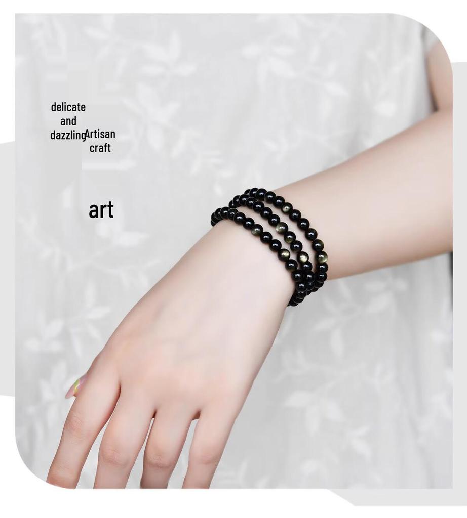 Gold Eye Natural Black Obsidian Beaded Bracelet for Men & Women - Multi-Layer Buddhist Design