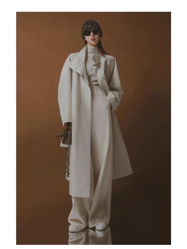 Rongtai Women's Tencel Drapey Trench Coat - Spring 2025 Collection, British Style with Tie-Waist and Stand Collar