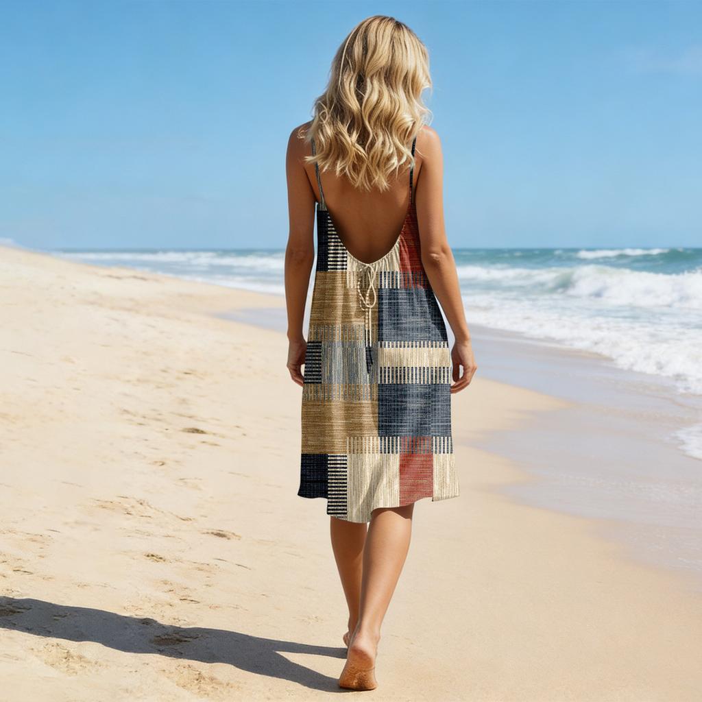Damen-Rückenfreies Spaghettiträger-Kleid, Ärmelloses Dünn-Träger-Fließendes Strandurlaub-Kurzkleid, Mit Rückenband.