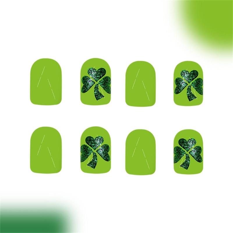 24 Pcs Short Square False Nail Glossy Stick on Nail Saint Patricks Day Press On Nail Clovers Artificial Nail