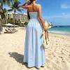 Women's Halter Striped Maxi Dress Sleeveless Deep V Neck A Line Sundress Summer A-Line Beach Vacation Dress