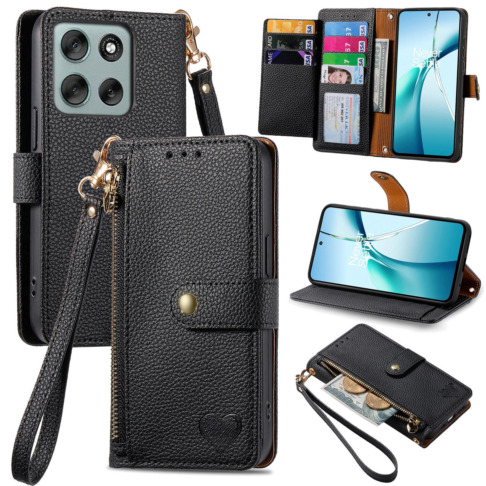 

For Motorola Moto G56 5G Case RFID Blocking Zipper Pocket Leather Wallet Phone Cover with Strap Black