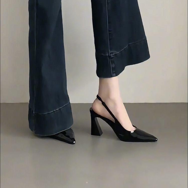 High sense fashion black thick heel bag head sandals femininity high heels back strap pointed tip beautiful fashion shoes
