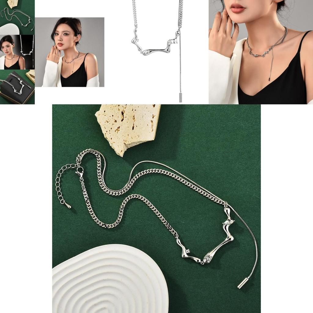 Elegant Polished Titanium Steel Layered Bone Style Necklace With Tassel Design For Fashionable Women