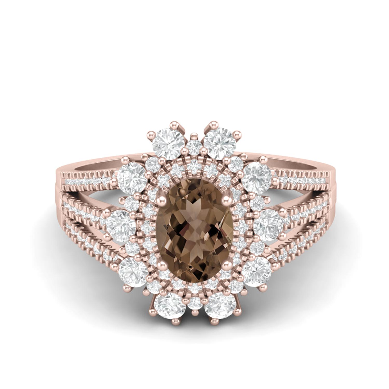 

2.17 Ctw Oval Smoky Quartz 925 Sterling Silver Rose Vermeil Trio Split Shank Accents Women Wedding Ring 11 Яскраво-рожевий