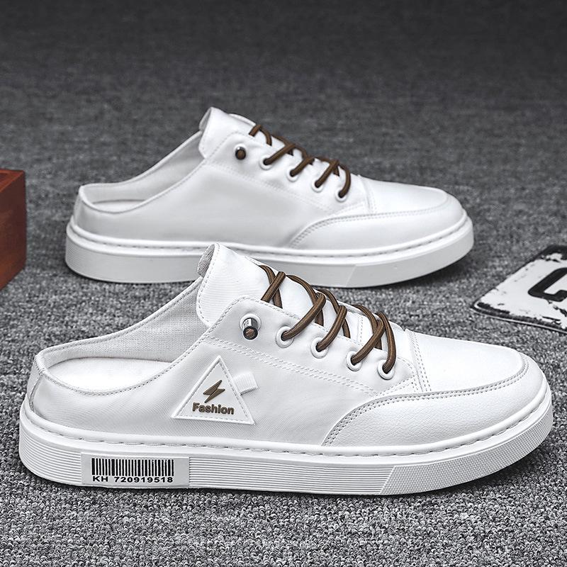 

Men s Summer Backless Slip-On Canvas Sandals - Trendy Closed-Toe Heel-Less White Slippers 40