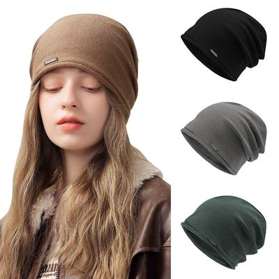 Cotton Beanies Skullies for Women Curled Brim Metal Label Knitted Bonnet Fashion Heap Heap Cap Autumn Winter Warm Thick Cold Hat