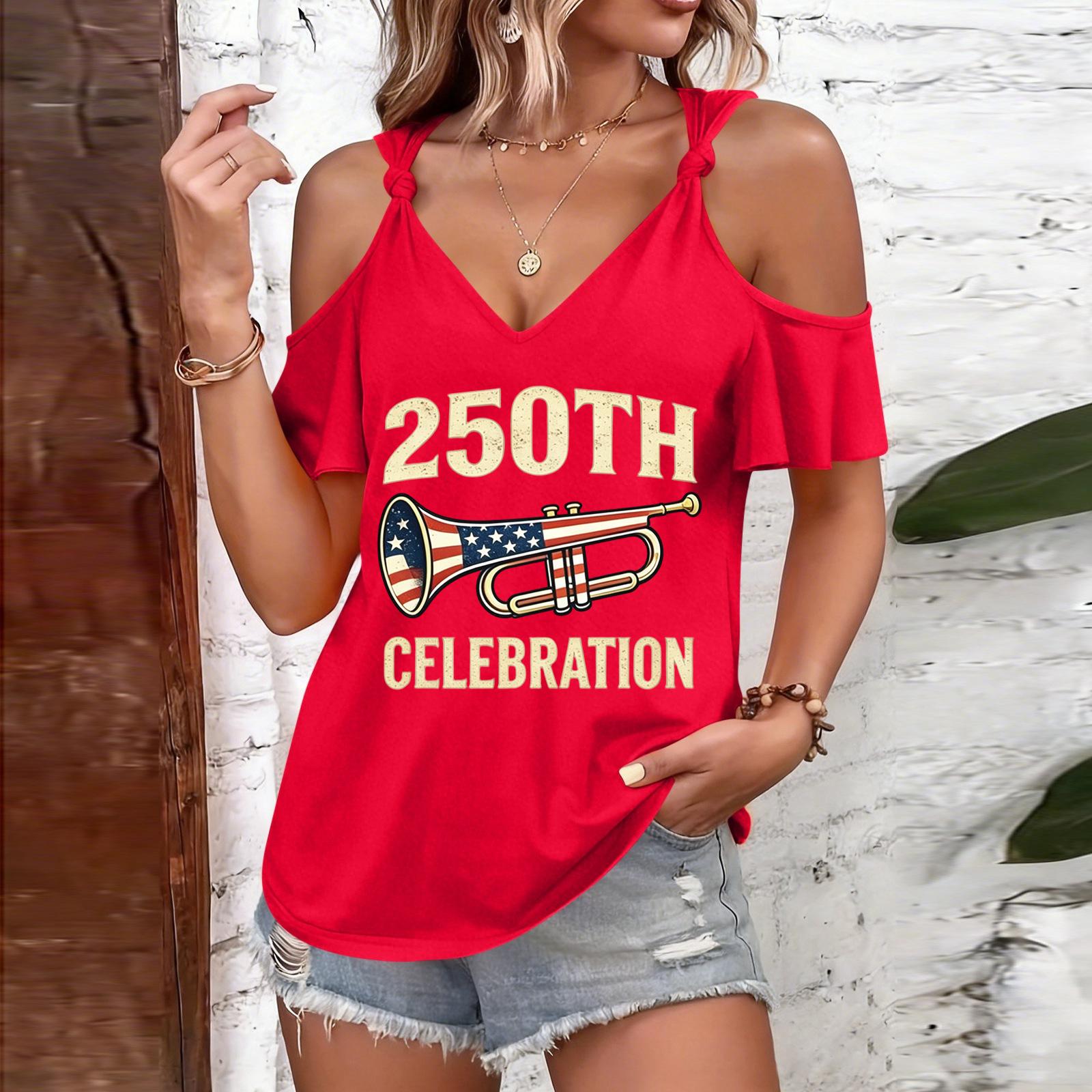 

Women s Casual Cold Shoulder Short Sleeve T Shirt with 250th Celebration Print and Trumpet Graphic Loose Fit Round Neck Design M червоний