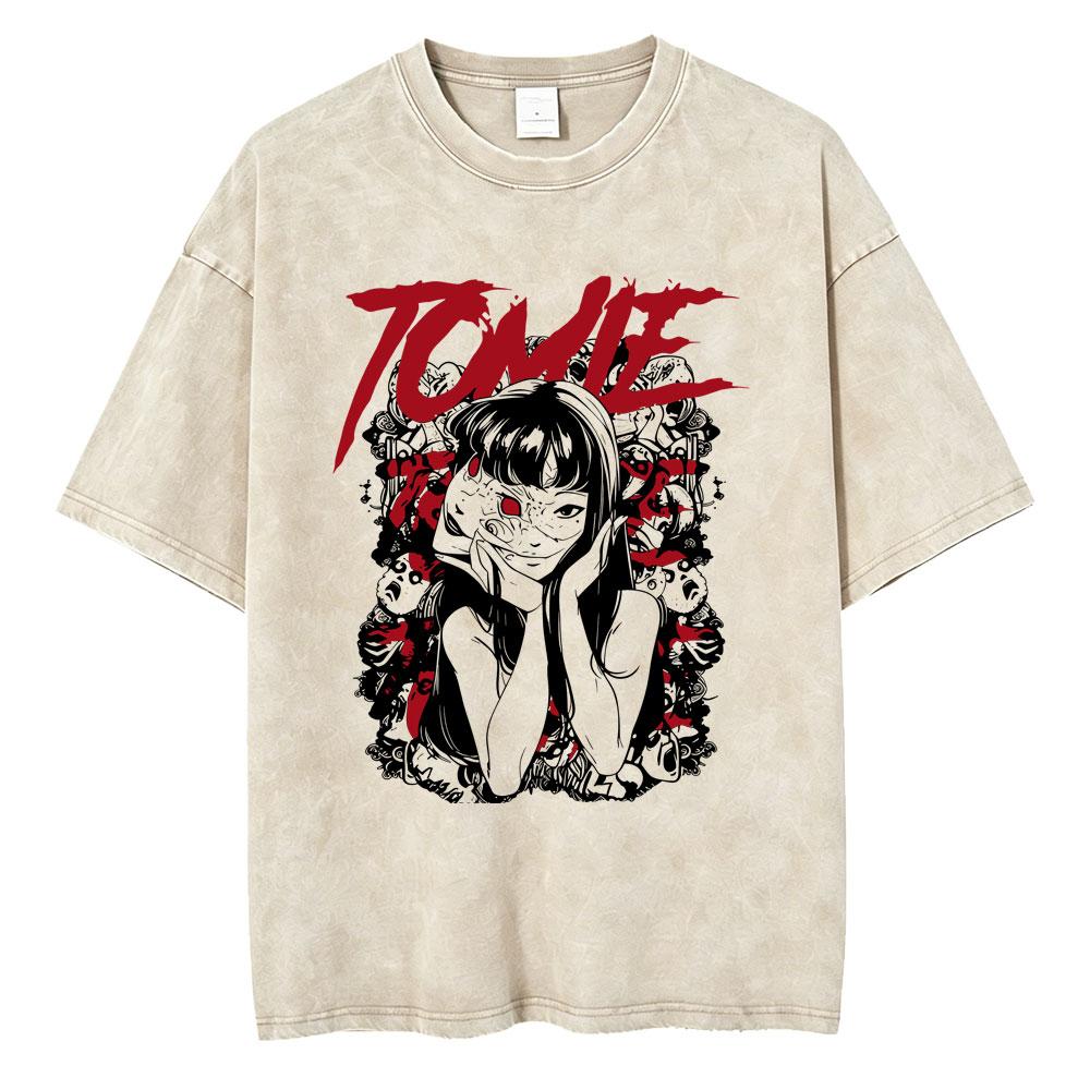 Unisex Washed Vintage Horror Anime Junji Ito Uzumaki Graphic T-shirt Men Women Manga Retro Oversized T Shirt Y2k Casual Cotton T-shirts