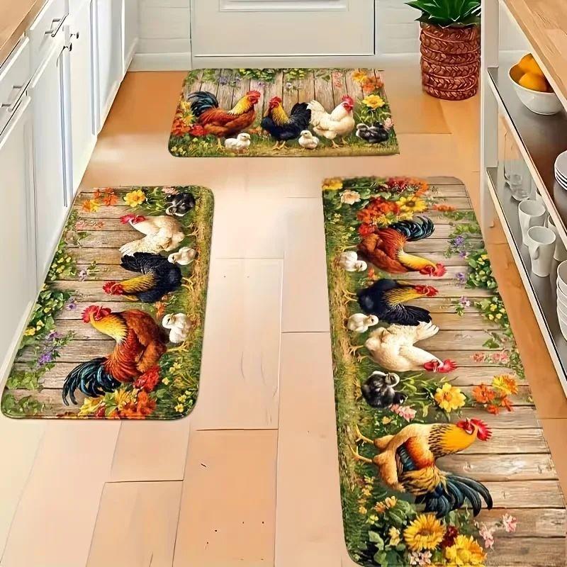 Country Rooster Print Runner Rug 2/3Pcs Spring Summer Anti Slip Washable Kitchen Bedroom