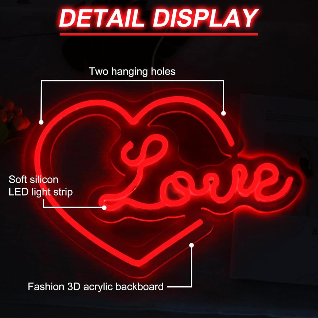 Heart Love Neon Sign, Valentines Day LED Light, USB Powered Dimmable LED Sign for Wall Decoration, Party, Wedding, Bedroom, Living Room, 15.7"x11.4"