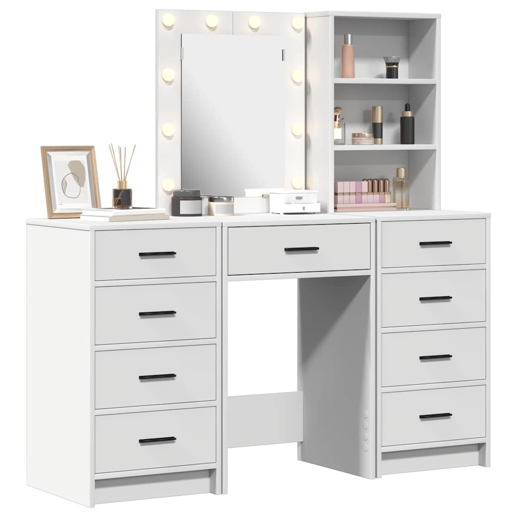 Makeup Table with Mirror Lighting 3 Pcs White Wood Based Material