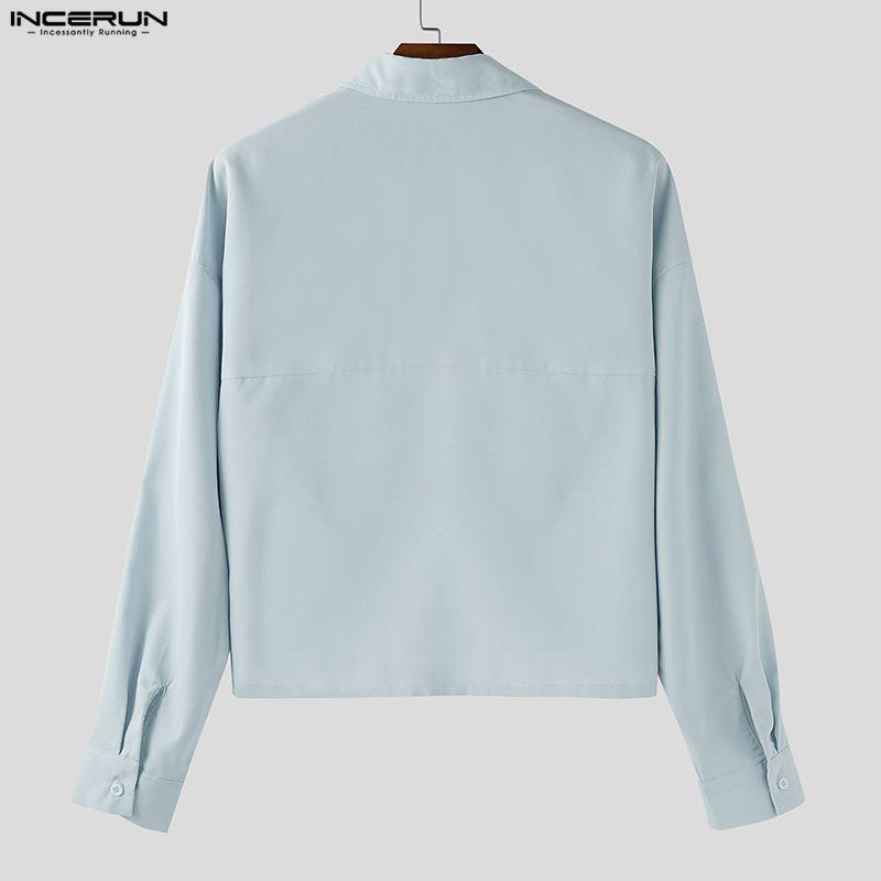 INCERUN Oversized Men Lapel Neck Long Sleeve Casual Loose Cropped Shirts