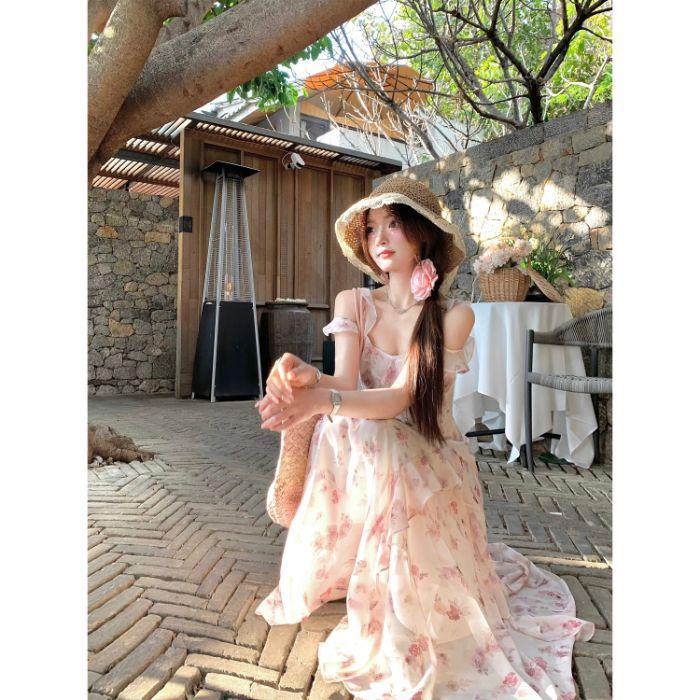 Summer 2026 Women s Off-Shoulder Floral Pink-Purple Dress with Flutter Sleeves – Ethereal and Perfect for Travel S