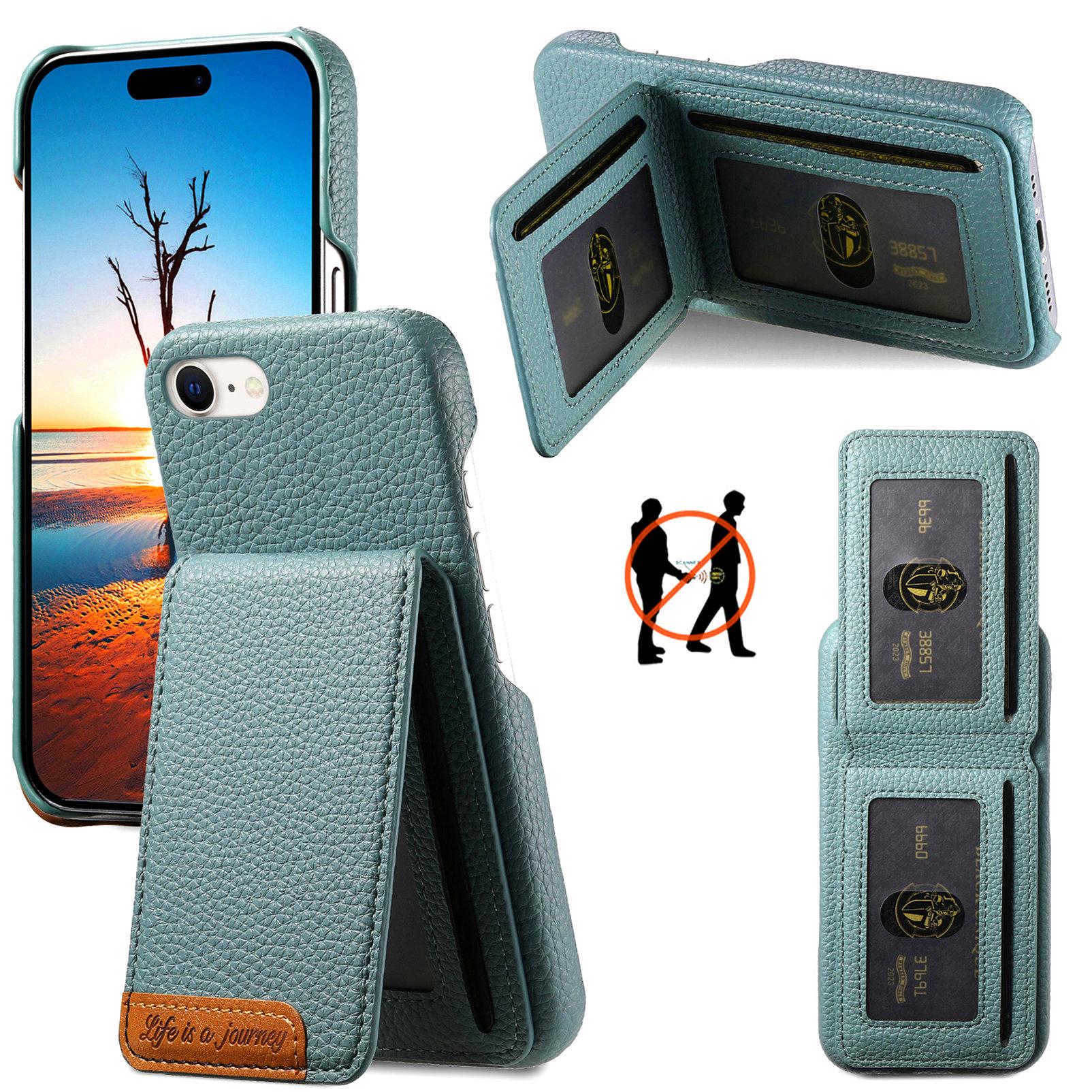 

For iPhone 16e Case RFID Blocking Card Holder Litchi Texture Leather Back Cover Sky Blue