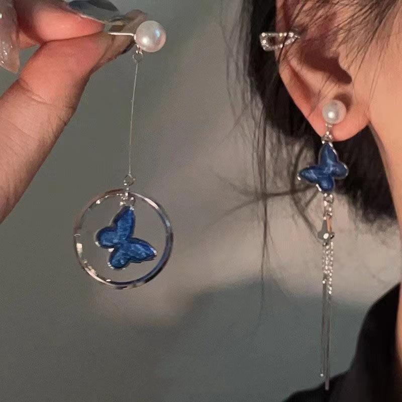 

New Blue Crystal Butterfly Long Tassel Earrings for Women Fashionable Individuality Daily Accessory Party Zircon Birthday Gifts