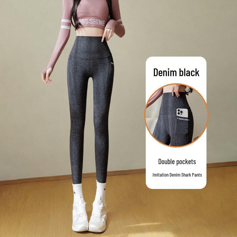

Shark Butt-Lifting Imitation Denim Skinny Pants - 2026 Spring Pilates Yoga Style, Seamless with Pockets, Wearable Outside L джинсовий/чорний