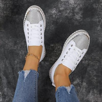Large Size White Shoes Women's New Diamond-encrusted Muffin Thick-soled Sequin Hemming Fashion Board Shoes
