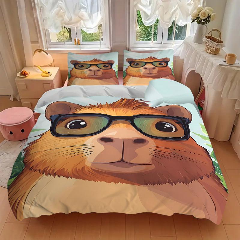 3pcs Glasses Capybara Print Duvet Cover Set -Includes 1 Duvet Cover and 2 Pillowcases, No Quilt Core, All-Season Home Decor  yy251111201