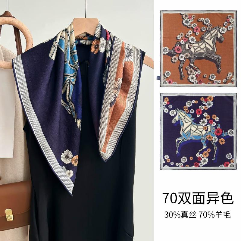 Colored leaves double-sided heterochrome silk wool silk scarf women's new thermal shawl light luxury versatile silk wool scarf