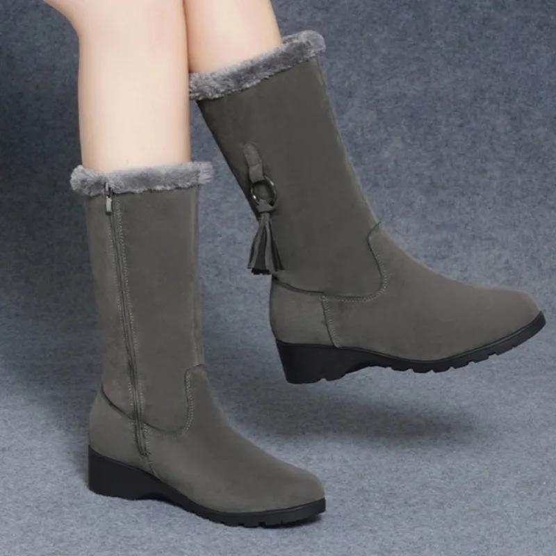 

Модные зимние женские бархатные сапоги до середины голени, модные туфли на молнии на платформе и танкетке для женщин, зимние сапоги для верховой езды на открытом воздухе 41 серый