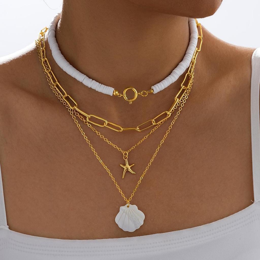 European Ocean Style Faux Pearl Clavicle Chain, Multi-layer Stackable Necklace with Starfish & Shell Pendants