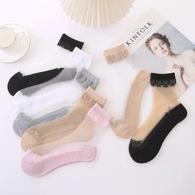 Transparent Crystal Silk Lace Sock Women Soft Comfy Sheer Silk Cotton Mesh Socks Women Ultra-thin Elastic Crystal Socks